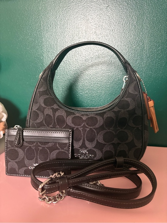 Coach Black Signature Denim Shoulder Bag with Card Case and Strap